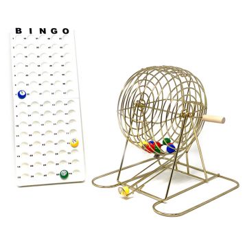 Bingo Cage Set: 9-Inch Brass Cage with Masterboard and Multi-Color Plastic Bingo Balls