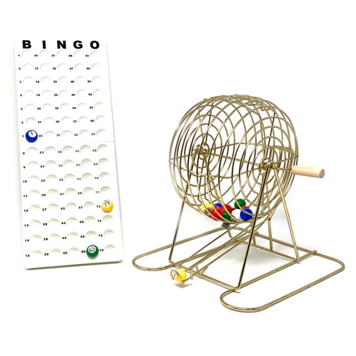 Bingo Cage Set: 9-Inch Brass Cage with Masterboard and Multi-Color Plastic Bingo Balls main image