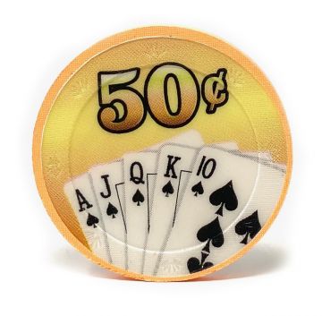 Poker Chips: Royal Flush, 100% Clay, Pre-Denominated Insert both sides, 10 Gram, $0.50, Peach