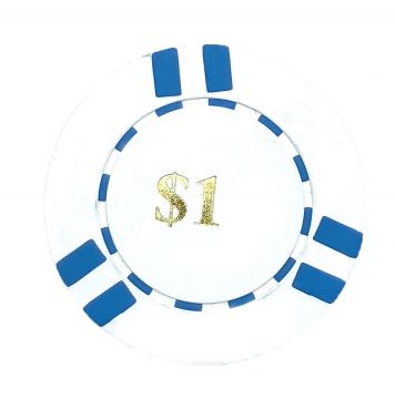 Poker Chips: 6 Stripe, 8.5 Gram, Pre-Denominated both sides, $1, White with Blue Stripes