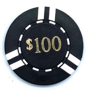 Poker Chips: 6 Stripe, 8.5 Gram, Pre-Denominated both sides, $100, Black with White Stripes