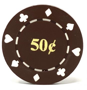 Poker Chips: Card Suits, 8.5 Gram, Pre-Denominated both sides, $0.50, Brown