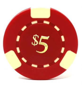 Poker Chips: 3 Edge Spot, 8.5 Gram, Pre-Denominated both sides, $5, Red